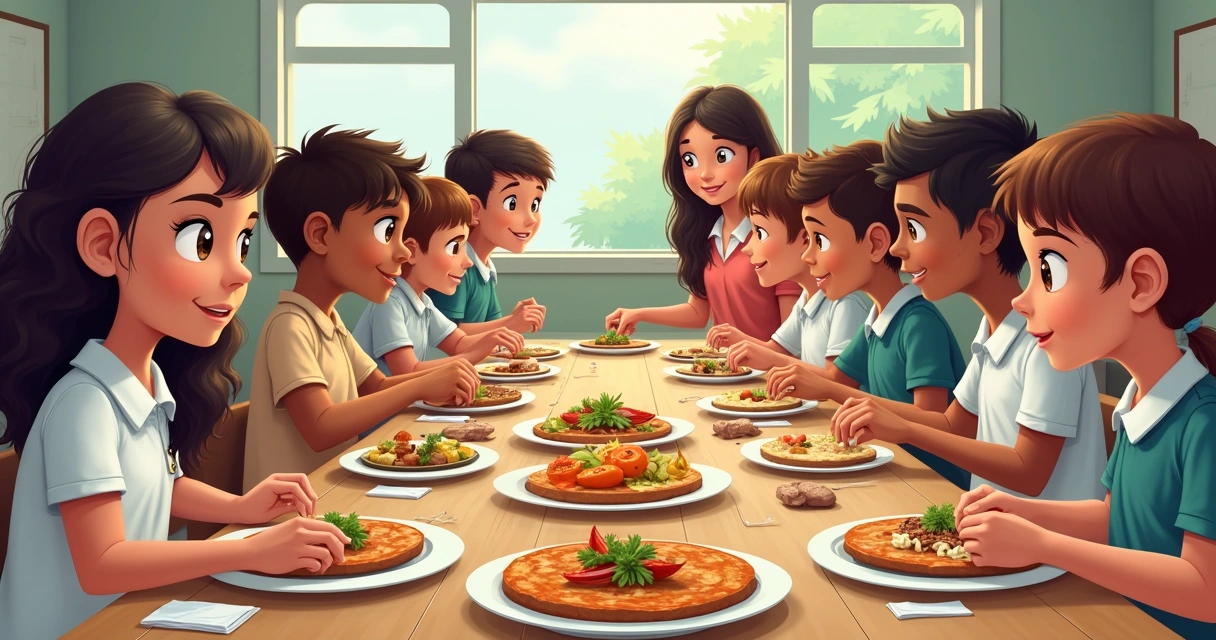 Alunos provando alimentos típicos regionais em uma mesa coletiva. 