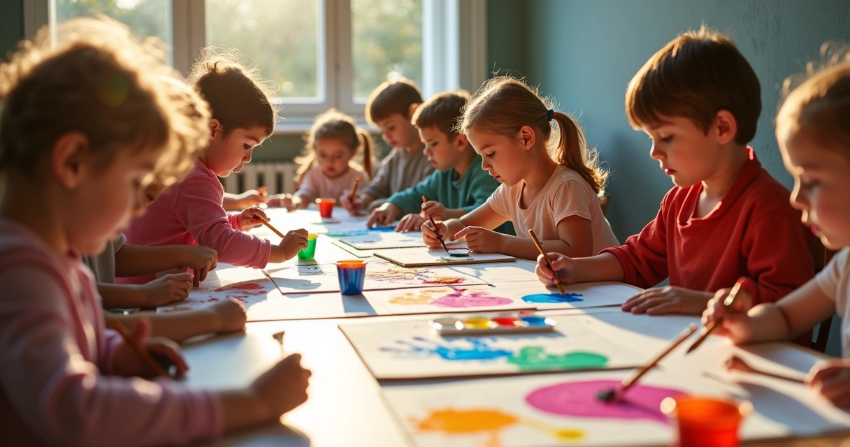 Crianças criando pinturas com tintas coloridas 