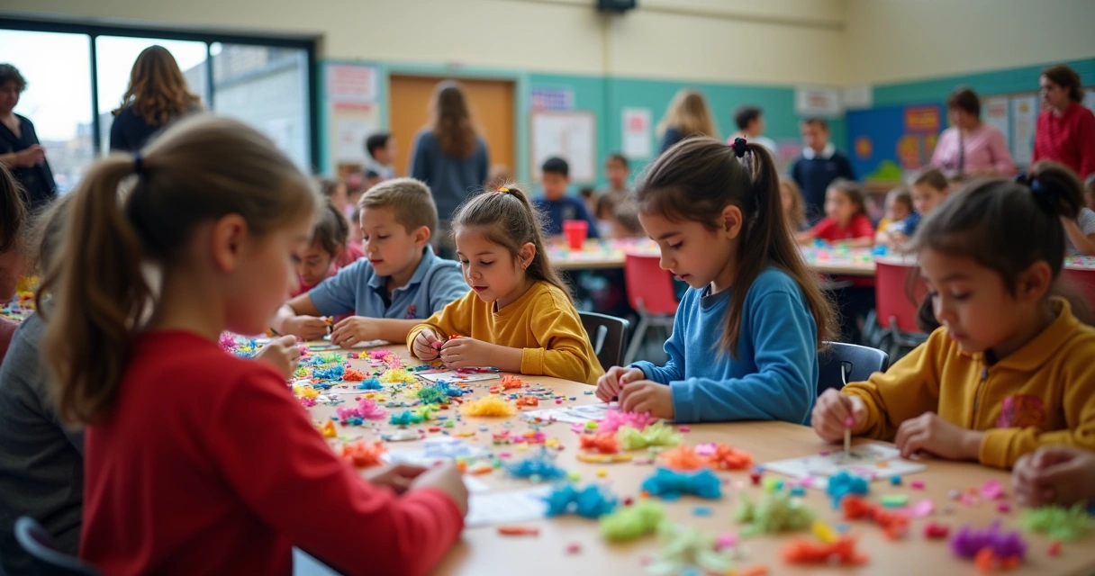 Alunos montando barracas com produtos recicláveis em feira escolar 