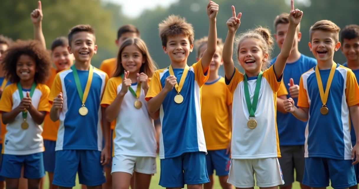 Alunos de futebol felizes recebendo diplomas de participação 