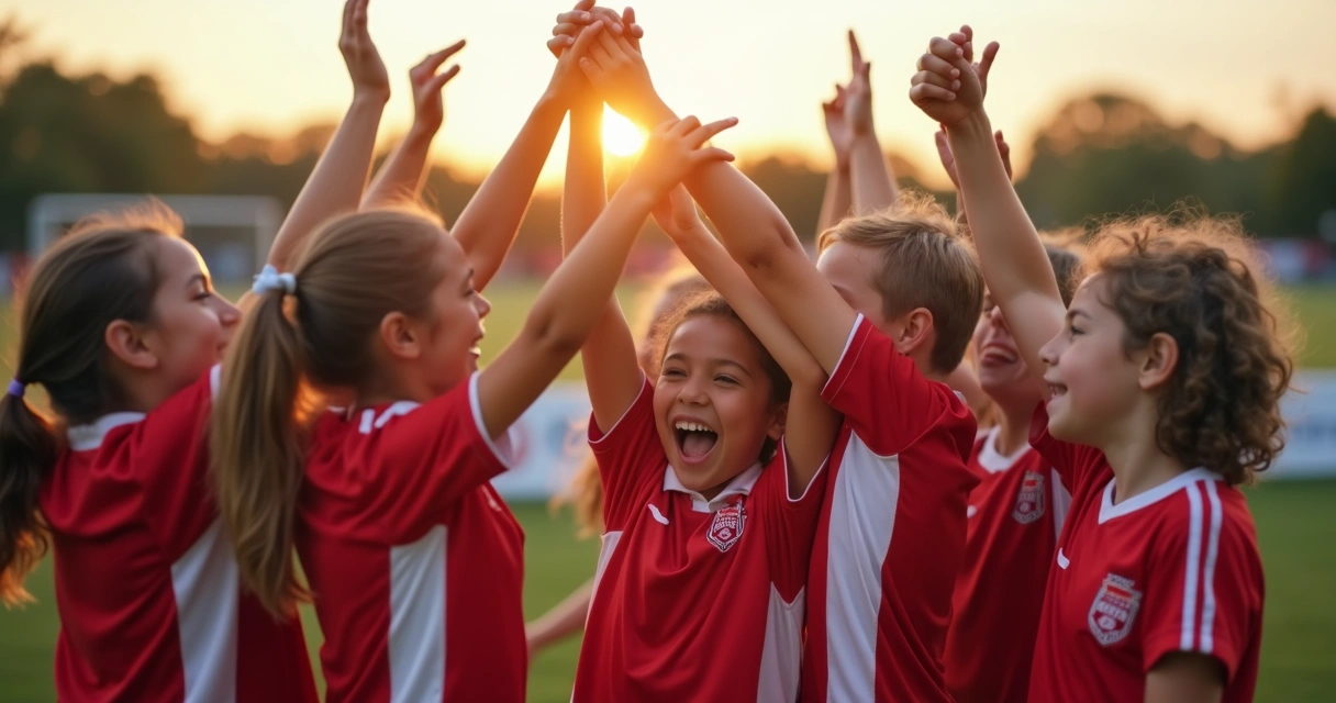 Grupo unido de alunos comemorando em escola de futebol