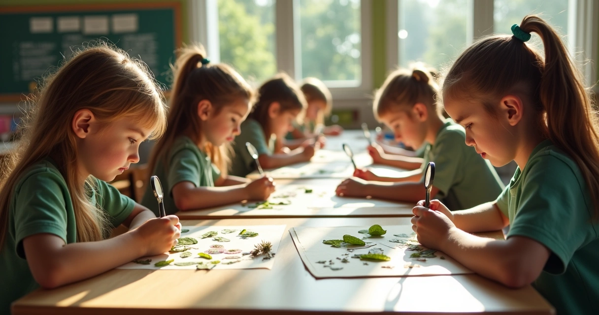 Alunos montando herbário com folhas na sala de aula 