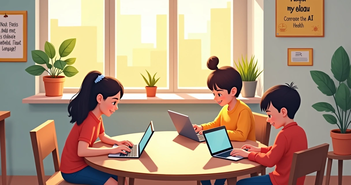 Alunos aprendendo com IA na sala de aula 