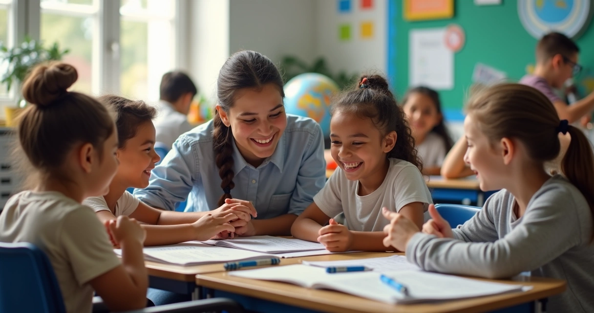 Alunos com e sem deficiência interagindo em sala de aula 