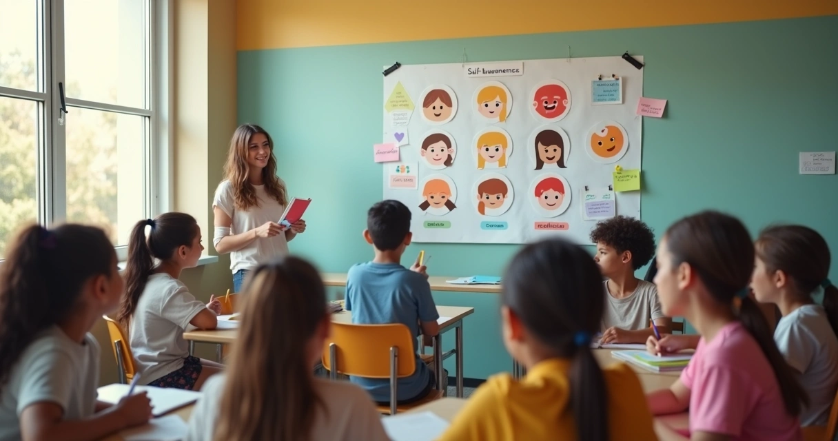 Professor conduz atividade de inteligência emocional com alunos em sala de aula 