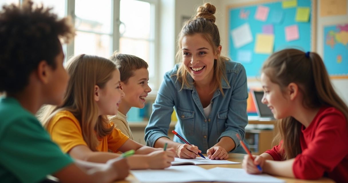 Alunos participando de dinâmica, professora sorrindo, ambiente escolar alegre