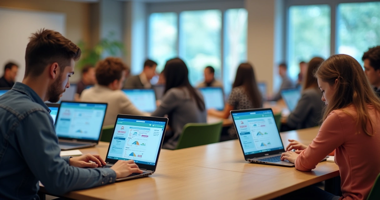 Alunos usando interface avançada do Moodle 5 com painéis coloridos e recursos acessíveis. 