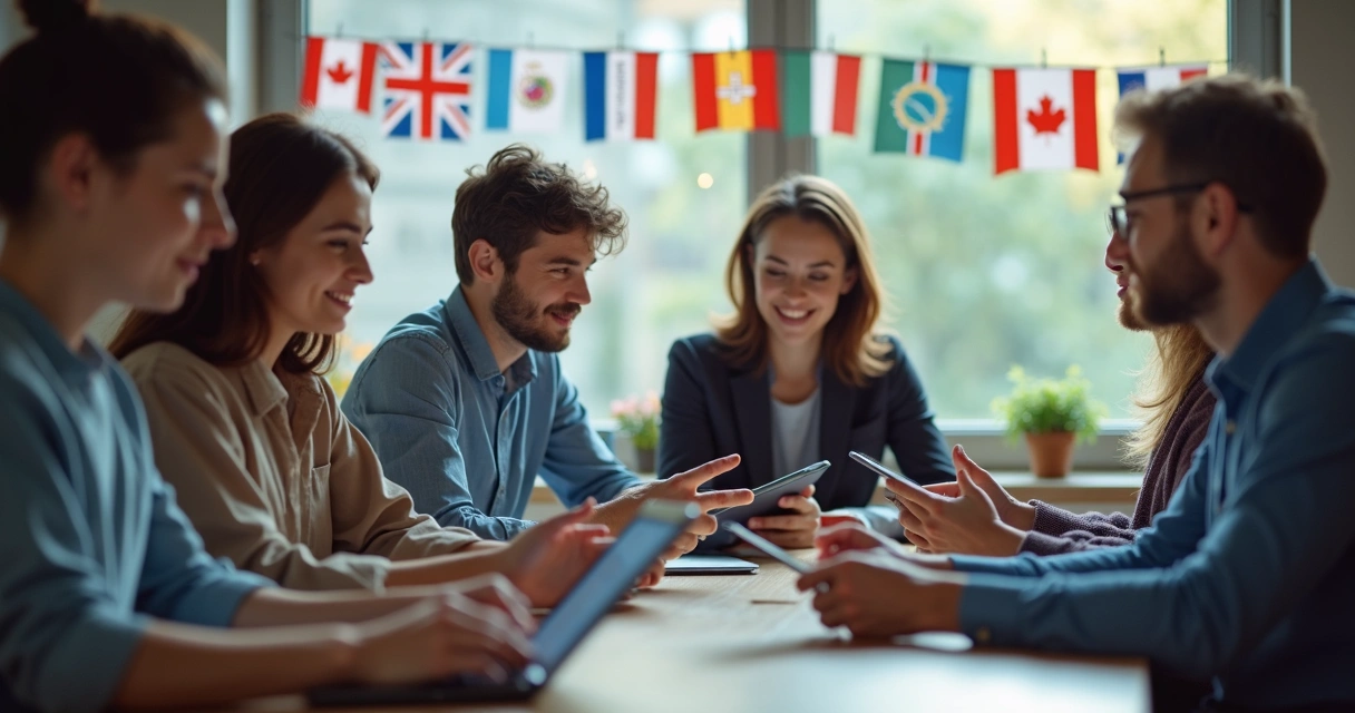 Grupo diverso acessa plataforma educacional online em vários dispositivos 