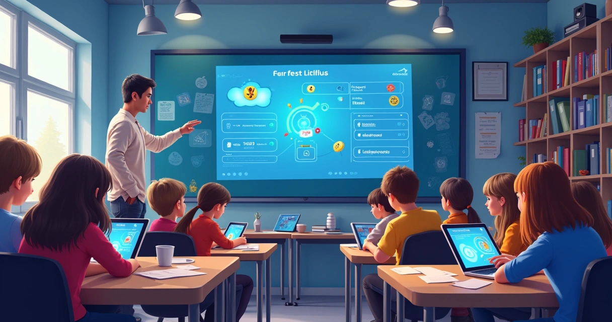 Alunos em sala interativa usando tablets e quadros digitais 
