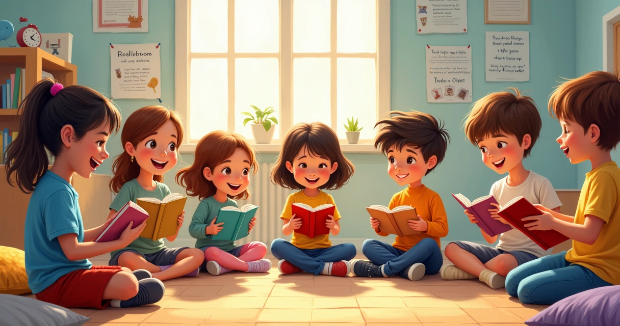 Grupo de alunos lendo e trocando ideias em roda de leitura 