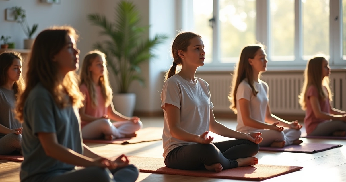 Alunos sentados praticando meditação guiada em sala de aula