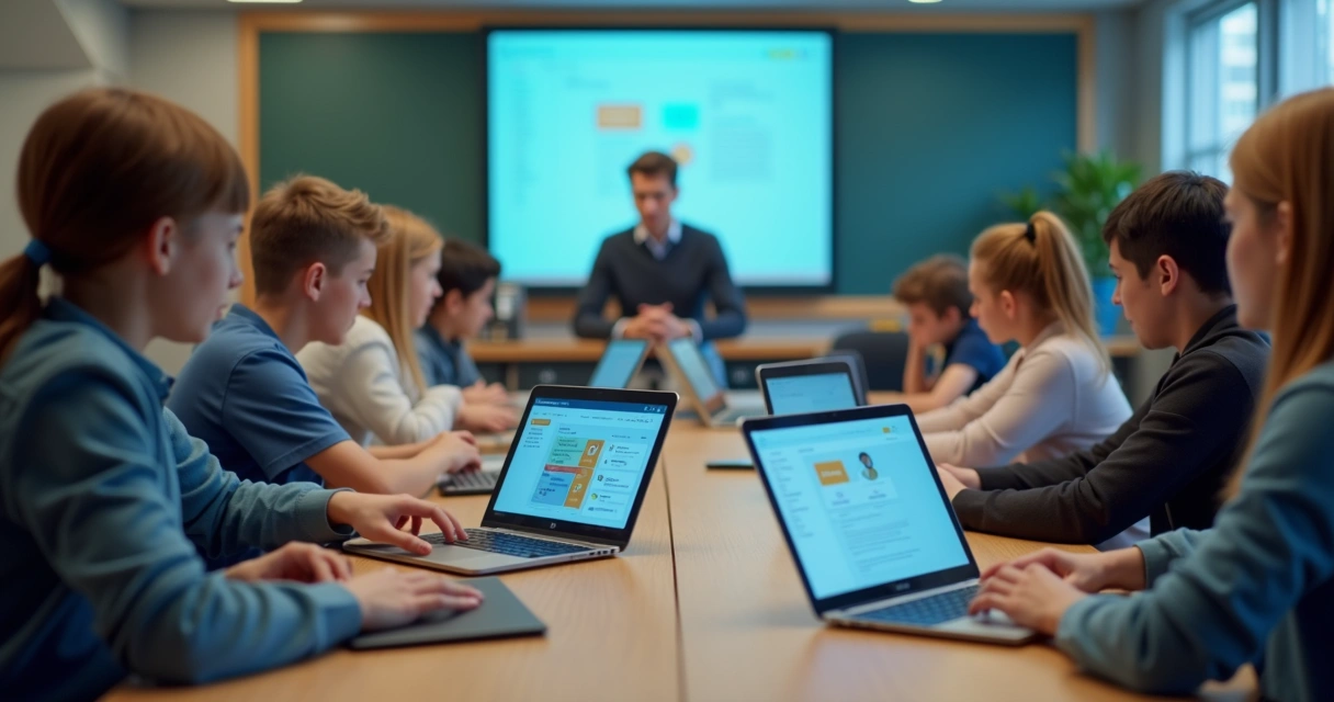 Sala virtual com estudantes usando recursos de IA 