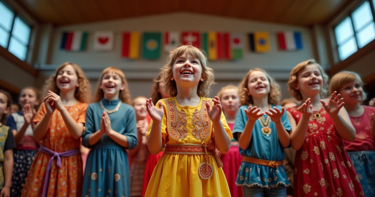 Alunos de diferentes origens celebrando diversidade