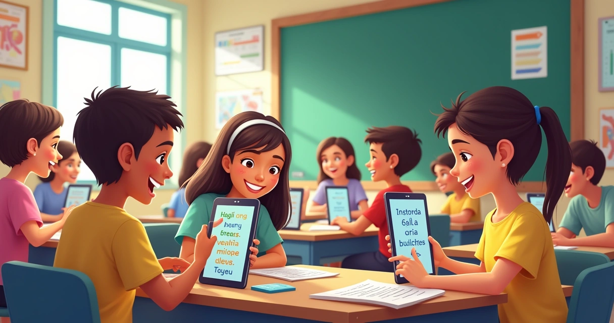 Grupo de alunos em sala olhando telas de tablets com listas de palavras 