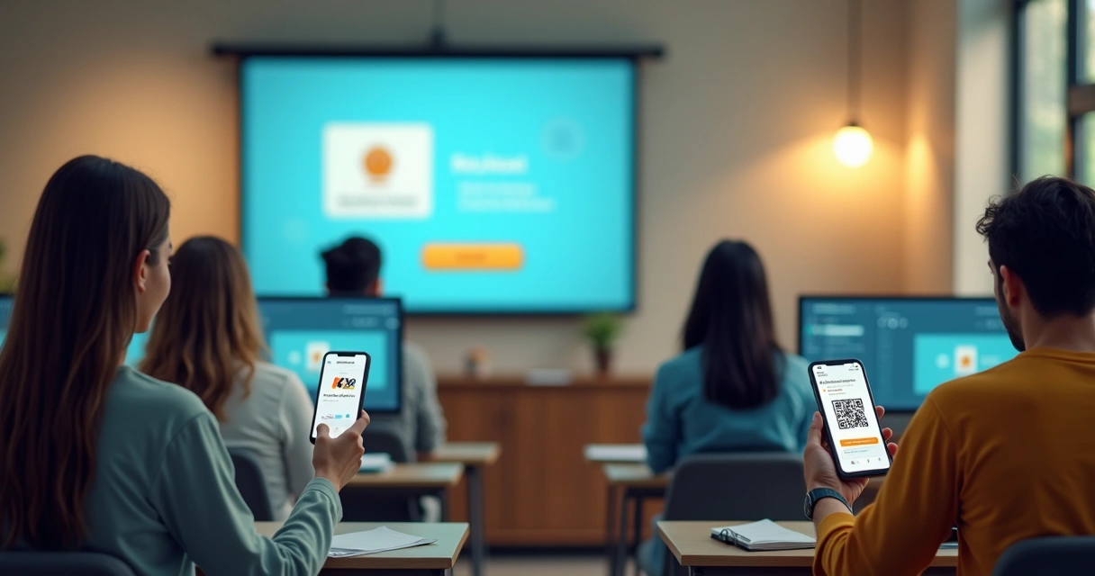 Alunos em sala de aula online recebendo boletos e PIX pelo celular. 