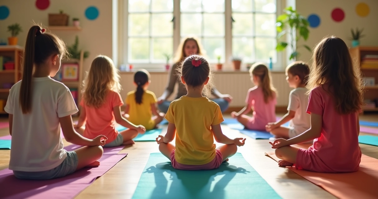 Alunos sentados em círculo em tapetes de yoga praticando atenção plena