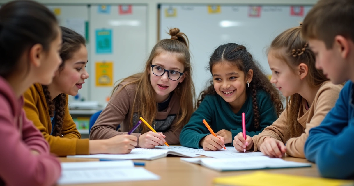 Grupo de alunos reunidos em volta de uma mesa, analisando pistas e resolvendo um mistério em material impresso