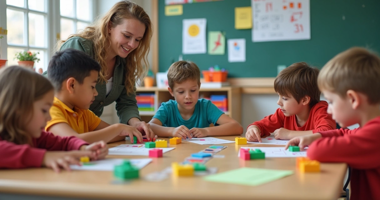 Grupo de alunos resolvendo problemas com material dourado 