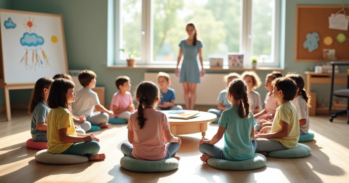 Alunos em círculo praticando exercício de respiração em sala de aula criativa 