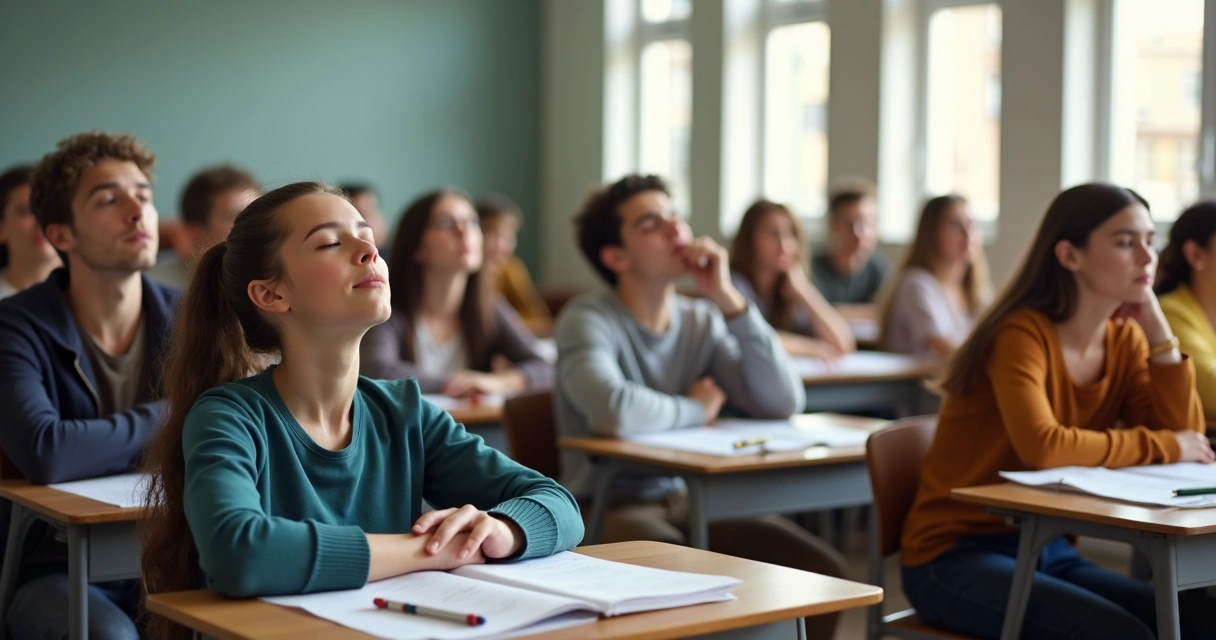 Alunos respirando fundo antes de iniciar a prova em sala