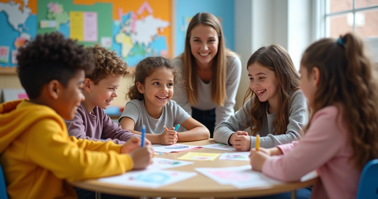 Alunos em sala de aula participando de atividade em grupo, com papéis coloridos e sorrisos compartilhados 