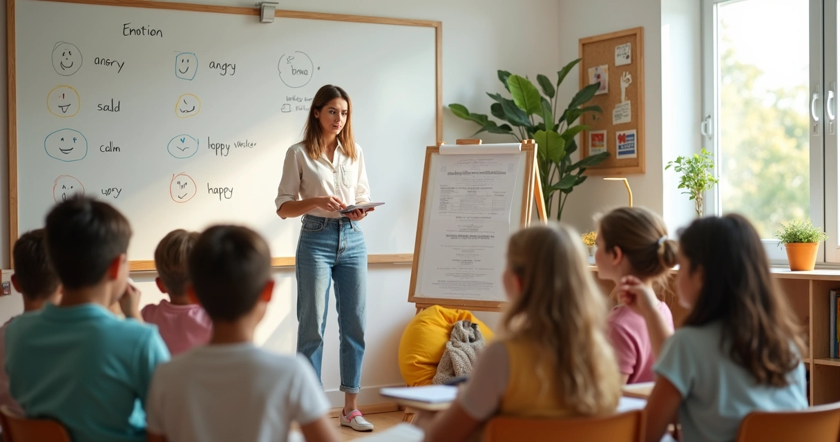 Professora conduz atividade de consciência emocional com alunos em sala de aula 