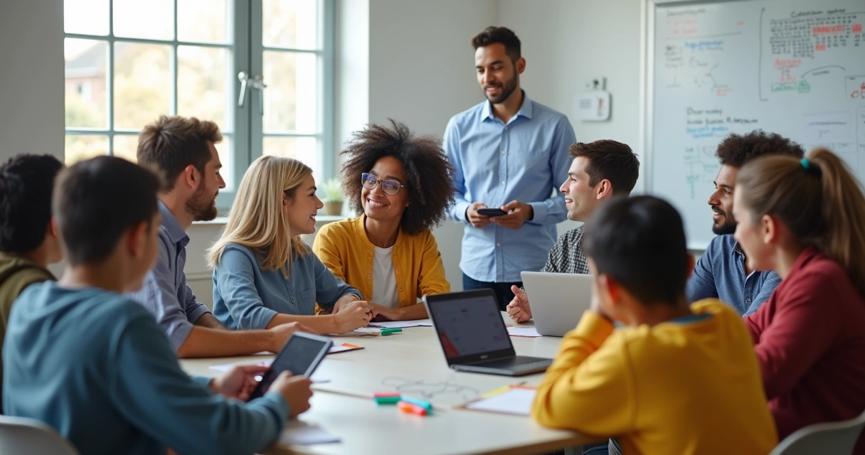 Alunos participando de sala de aula invertida com tablets e professor orientando