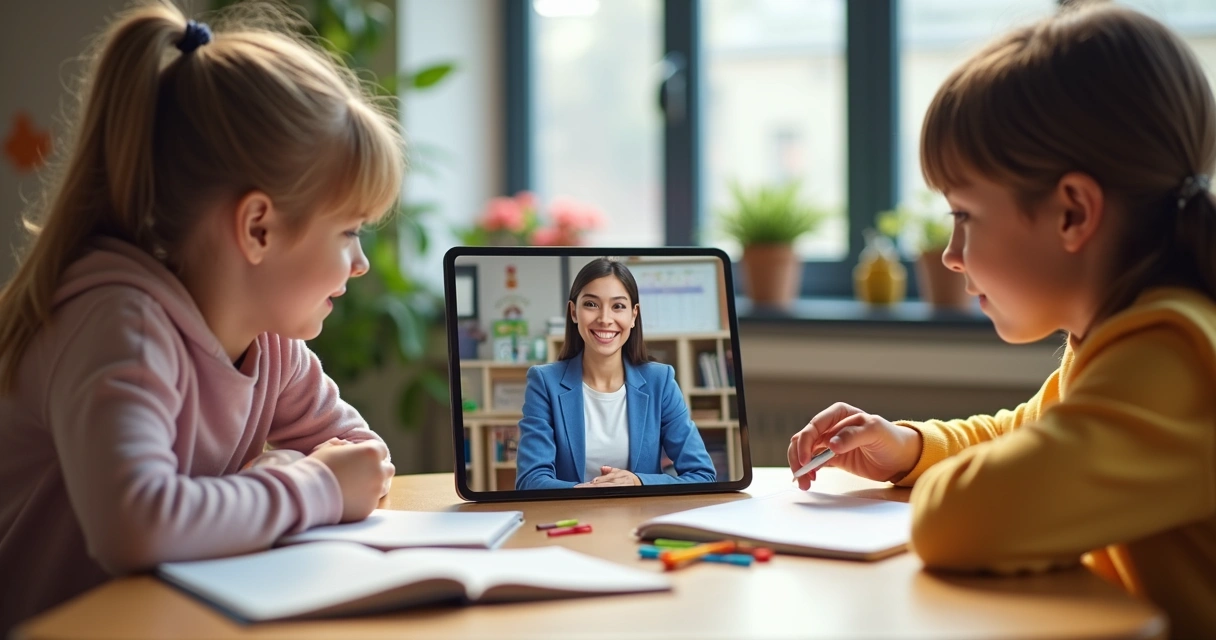 Dois alunos utilizando tablet com monitora virtual 
