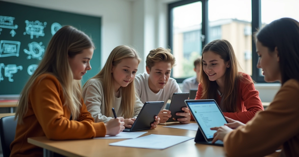 Alunos estudando juntos com tablets em sala de aula 