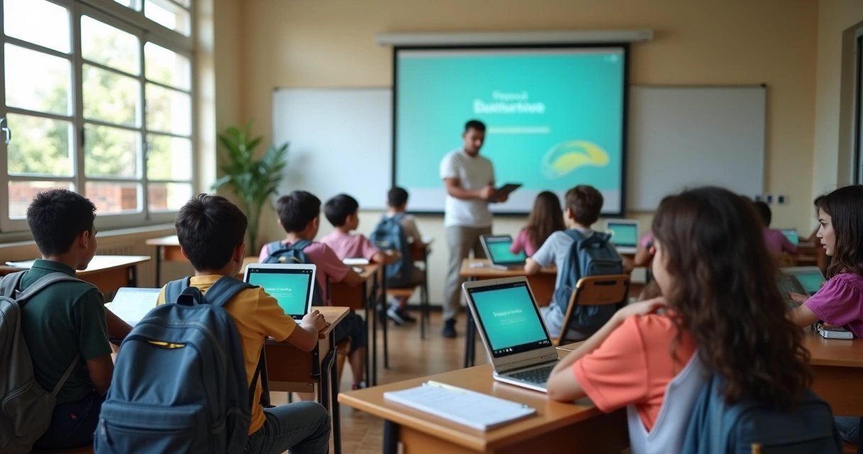 Alunos usando tablets com professor em sala de aula 