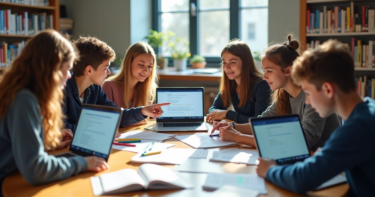 Alunos organizam pesquisa com IA em mesa de escola