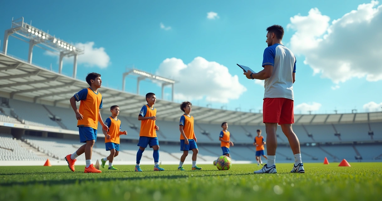 Alunos de escola de futebol treinando com tablets e equipamentos modernos