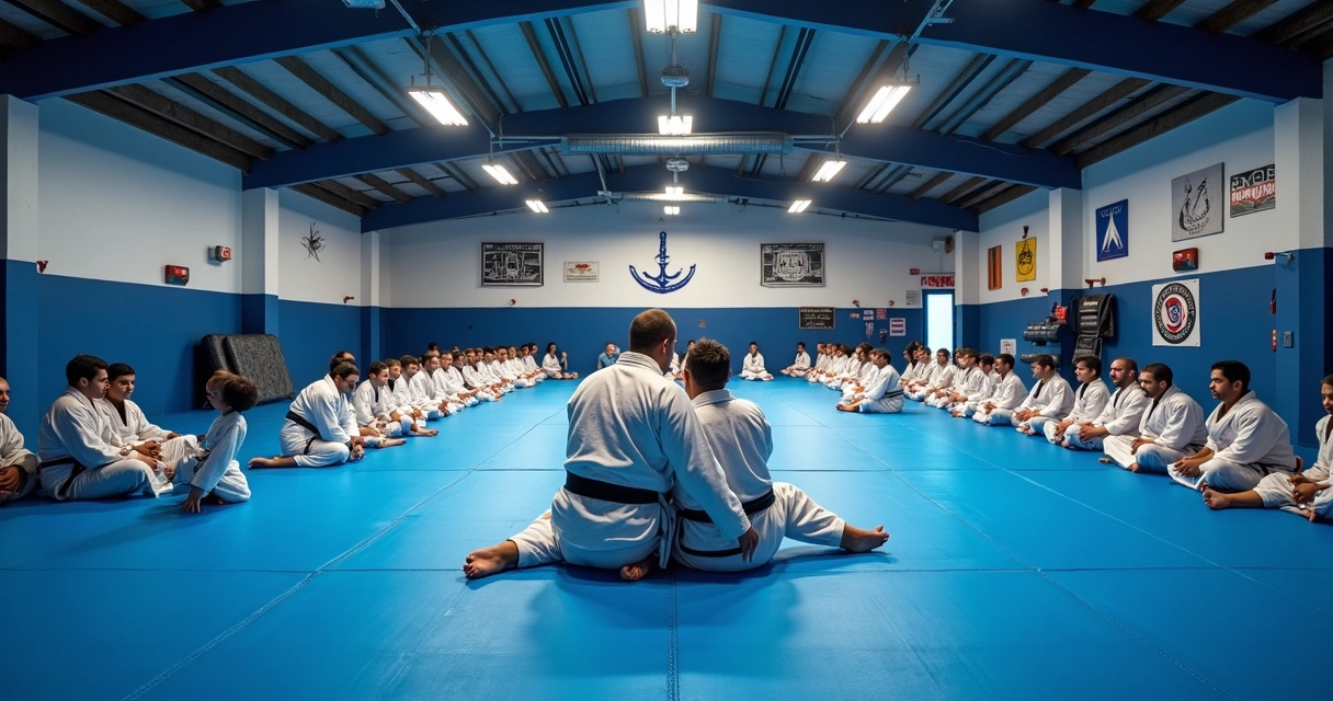 Vários alunos treinando Jiu-Jitsu no tatame, de faixas brancas a pretas, em ambiente iluminado