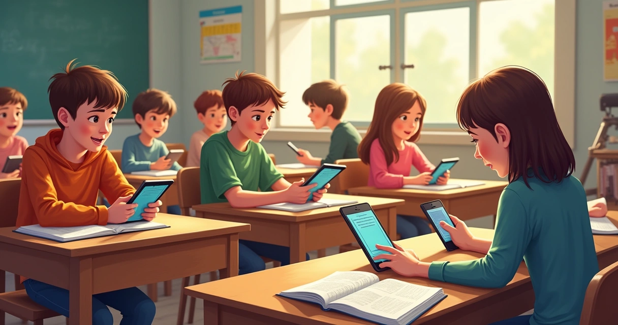 Alunos sentados em carteiras mexendo em aplicativos de inglês com tablets na sala de aula 