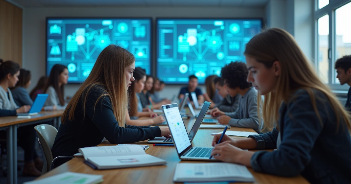 Estudantes usando computador com recursos de IA para estudar