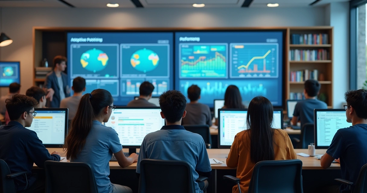 Alunos em laboratório digital usando plataforma de aprendizado de IA. 