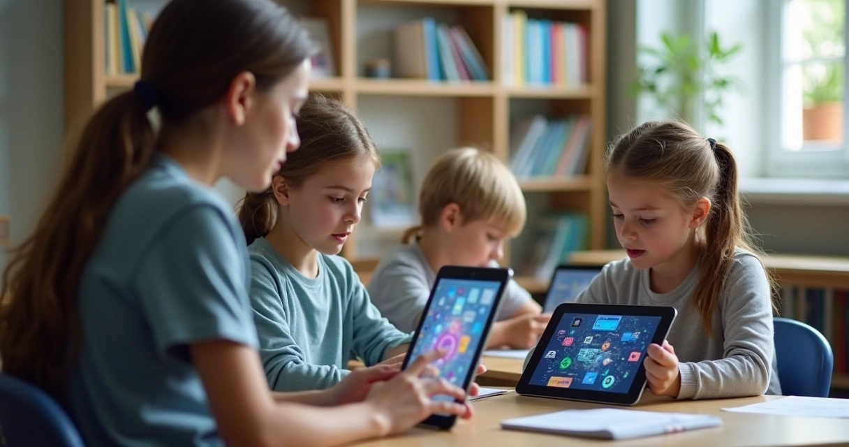 Alunos usando tablets em aula supervisionados por professora 