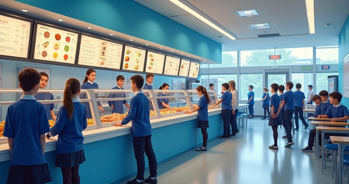 Alunos usando um terminal digital de cantina escolar 