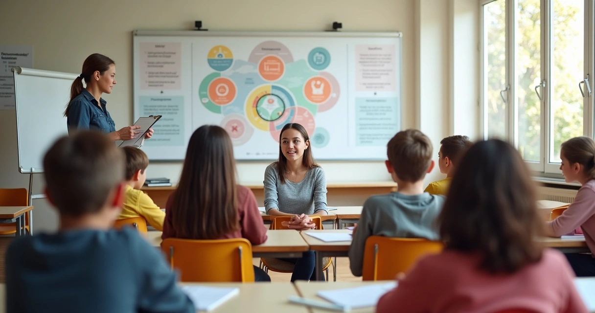 Professora conduz roda de alunos em sala de aula com cartazes coloridos na parede 