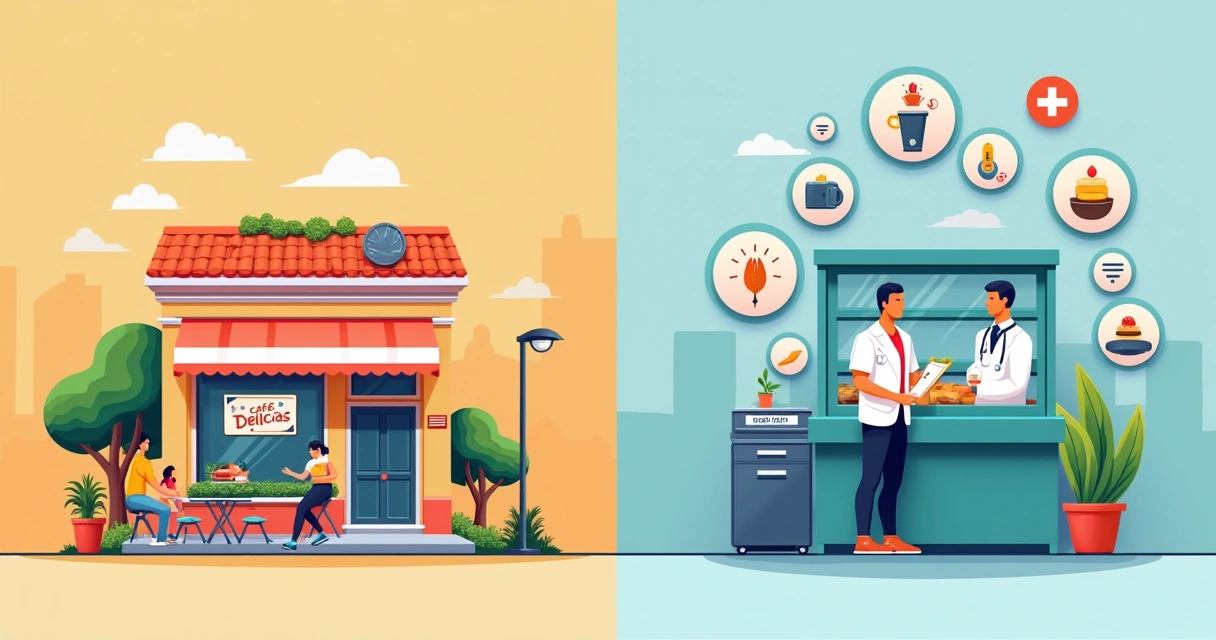 Ilustração mostrando um café com licença de funcionamento e um inspetor de saúde, simbolizando segurança alimentar.