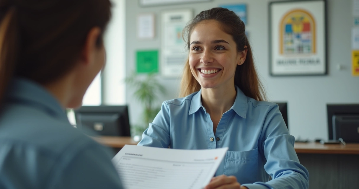Pessoa recebendo alvará de funcionamento em balcão da prefeitura 