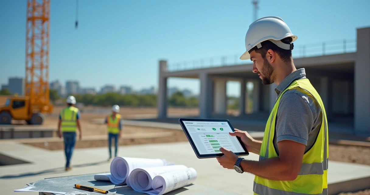 Engenheiro consulta alvará digital de obra em Campinas em frente a canteiro de obras 