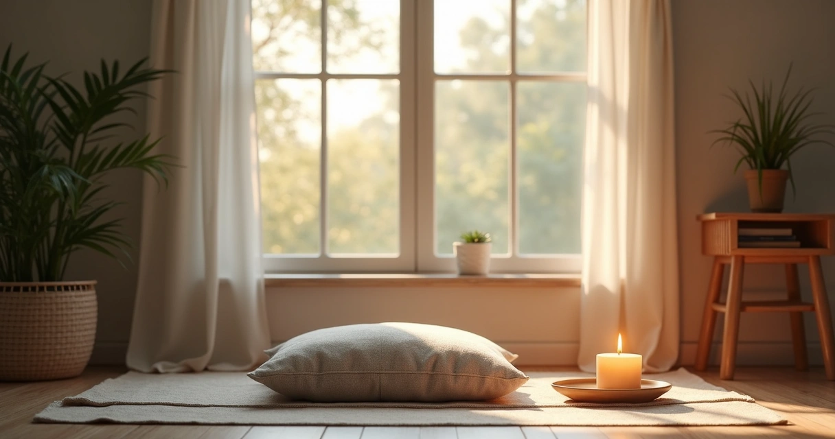 Cantinho de meditação com almofada e vela acesa diante de janela com luz do amanhecer 