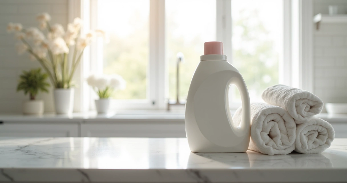 Frasco de amaciante concentrado premium em lavanderia elegante