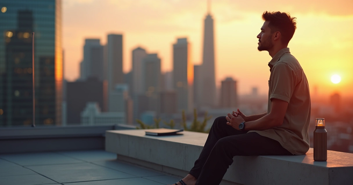 Adulto sentado em paisagem urbana ao pôr do sol em momento de reflexão tranquila 