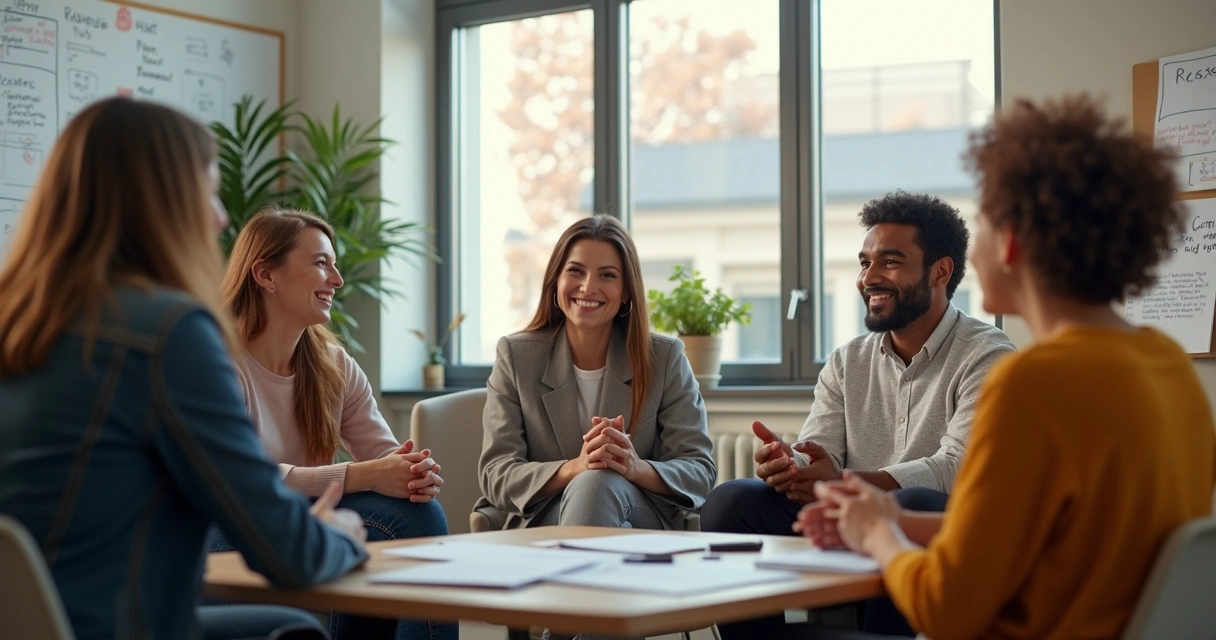 Equipe reunida em círculo em escritório, dialogando com escuta atenta e harmonia 