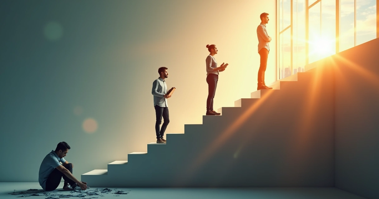 Pessoa em diferentes fases de amadurecimento emocional subindo uma escada de luz 