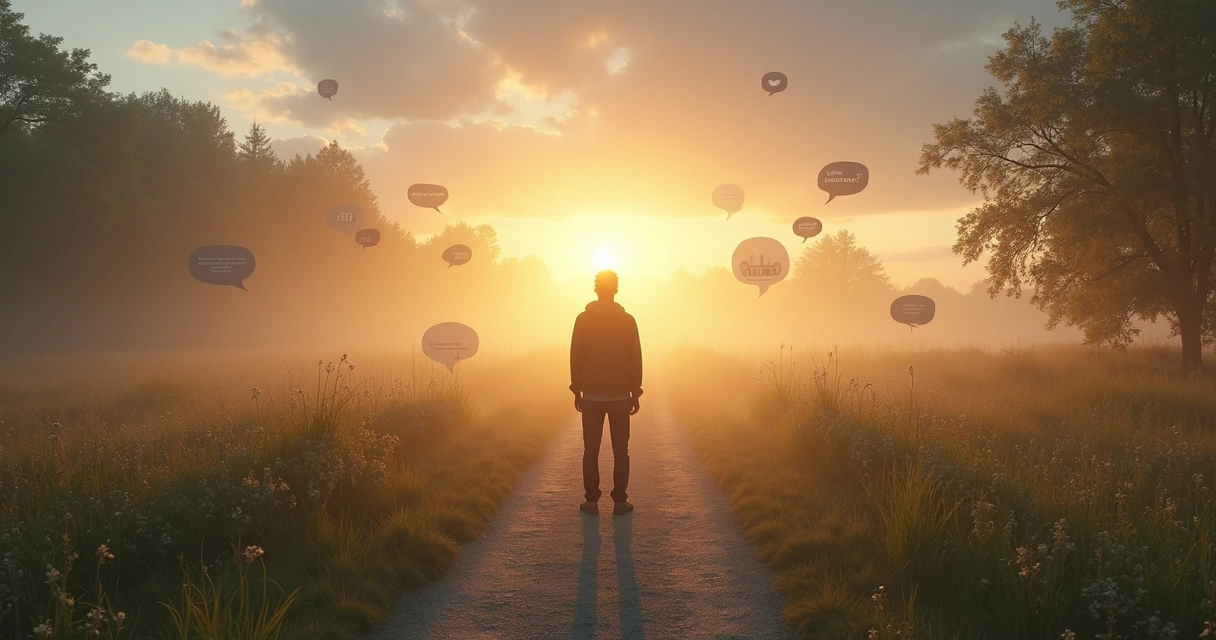 Pessoa em pé em encruzilhada entre caminho nebuloso e caminho claro simbolizando amadurecimento emocional 