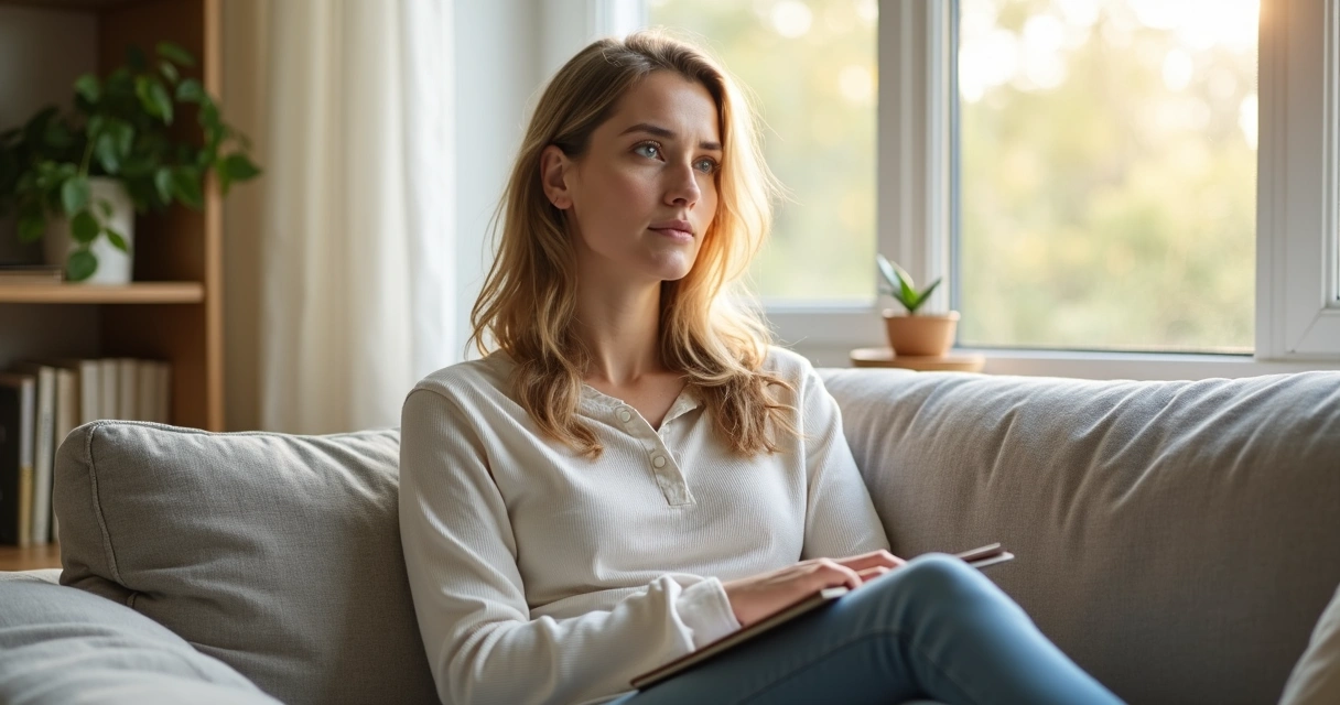 Mulher adulta em ambiente calmo refletindo com expressão serena 