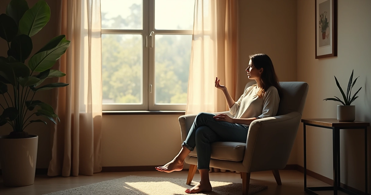 Pessoa sentada em uma poltrona refletindo silenciosamente 